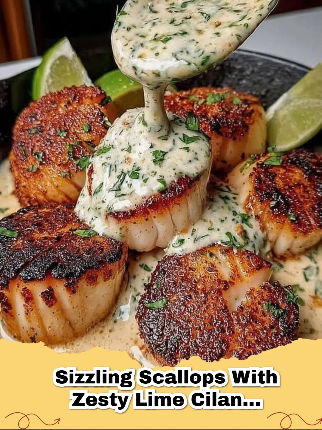 Plate of Sizzling Scallops with vibrant Zesty Lime Cilantro Sauce, garnished with fresh cilantro