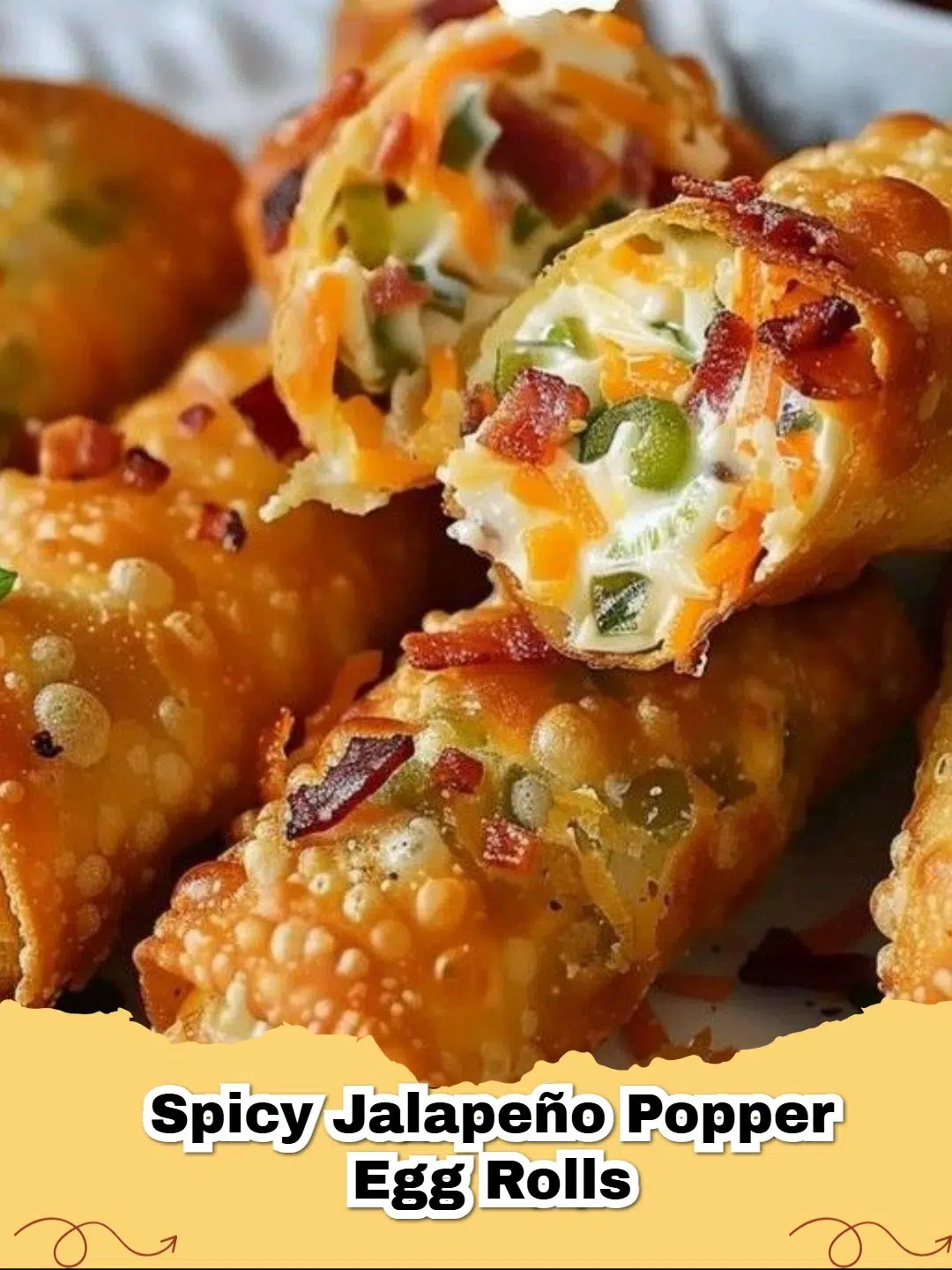 Golden brown and crispy Spicy Jalapeño Popper Egg Rolls, cut in half to reveal the gooey cheese and diced jalapeño filling, served on a platter.