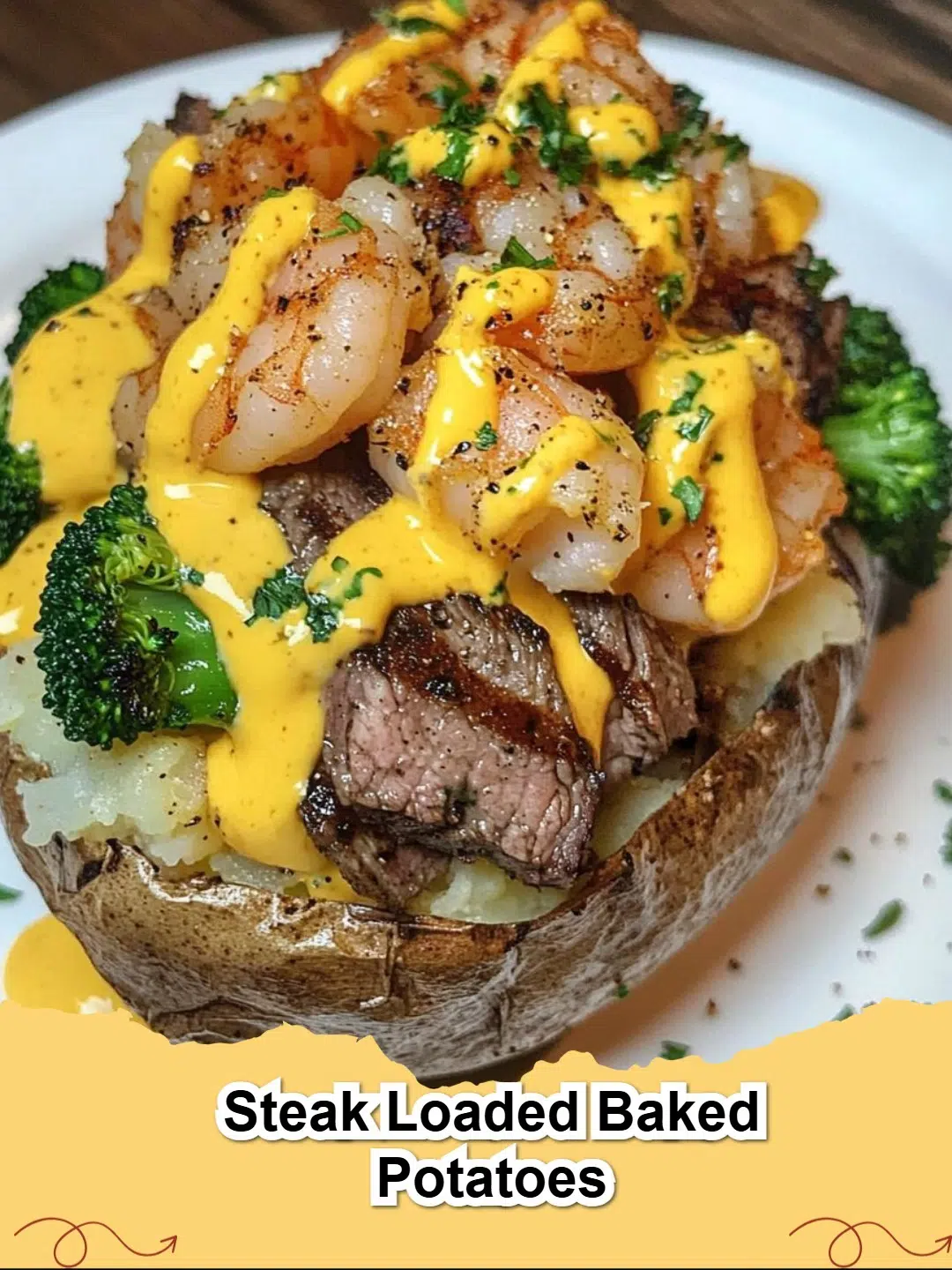Hearty Steak Loaded Baked Potatoes with cheese, sour cream, and chives, ready to eat.