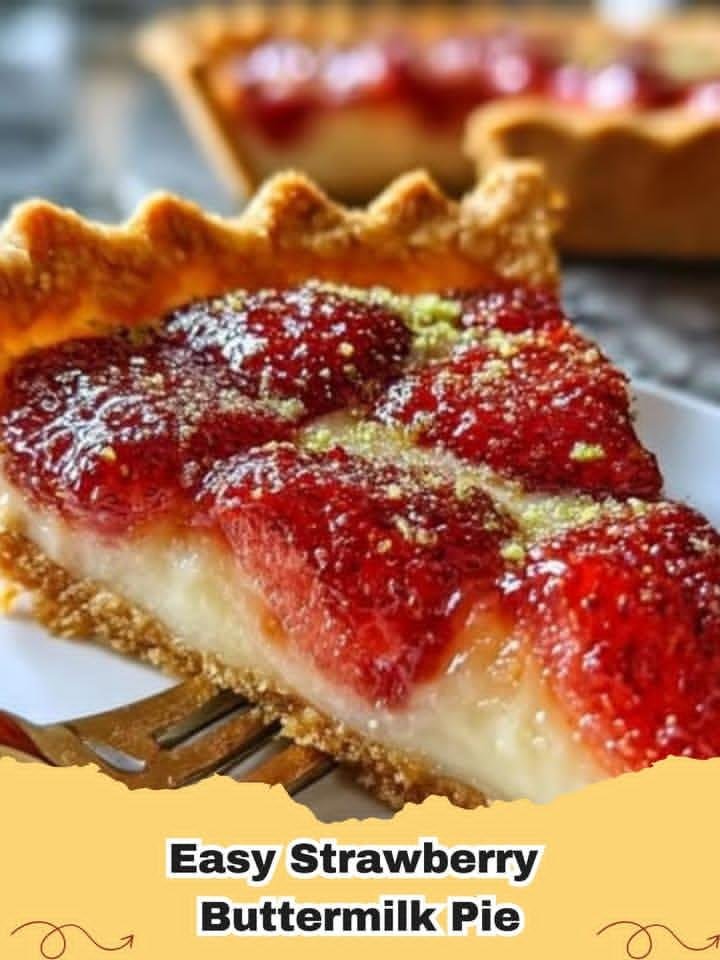 A slice of homemade Strawberry Buttermilk Pie with a creamy filling and fresh strawberry topping, perfect for dessert.