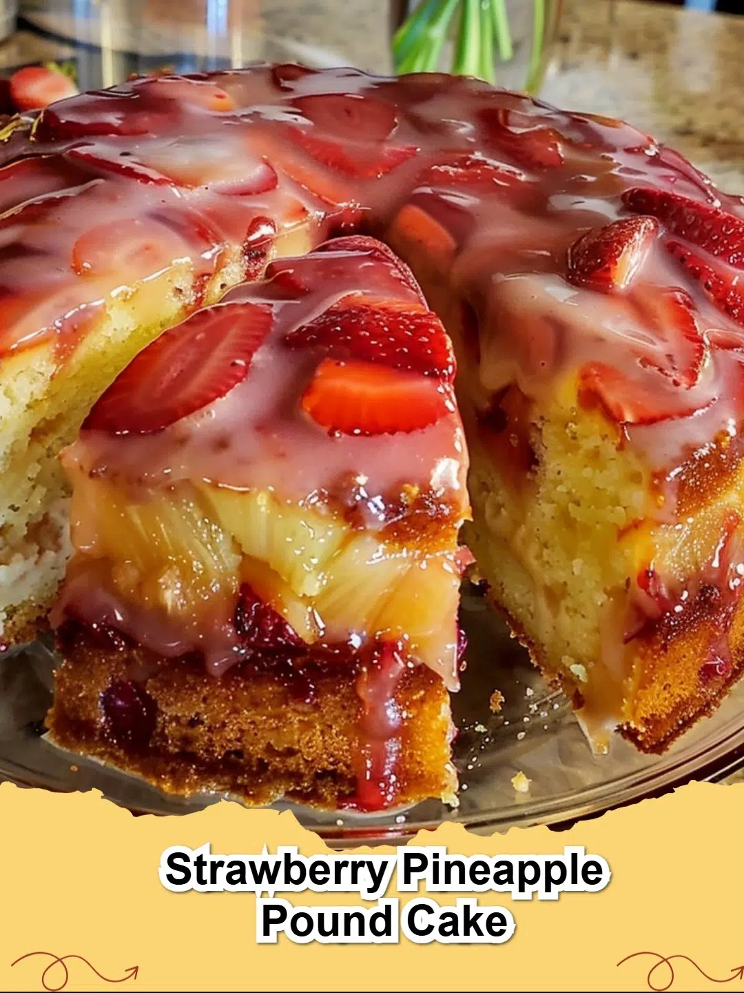 Slice of Strawberry Pineapple Pound Cake on a plate with fresh fruit garnish