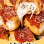 Close-up of golden brown Stuffed Crust Pizza Bites arranged on a serving plate, garnished with fresh parsley.