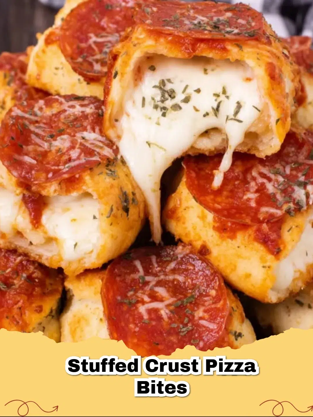 Close-up of golden brown Stuffed Crust Pizza Bites arranged on a serving plate, garnished with fresh parsley.