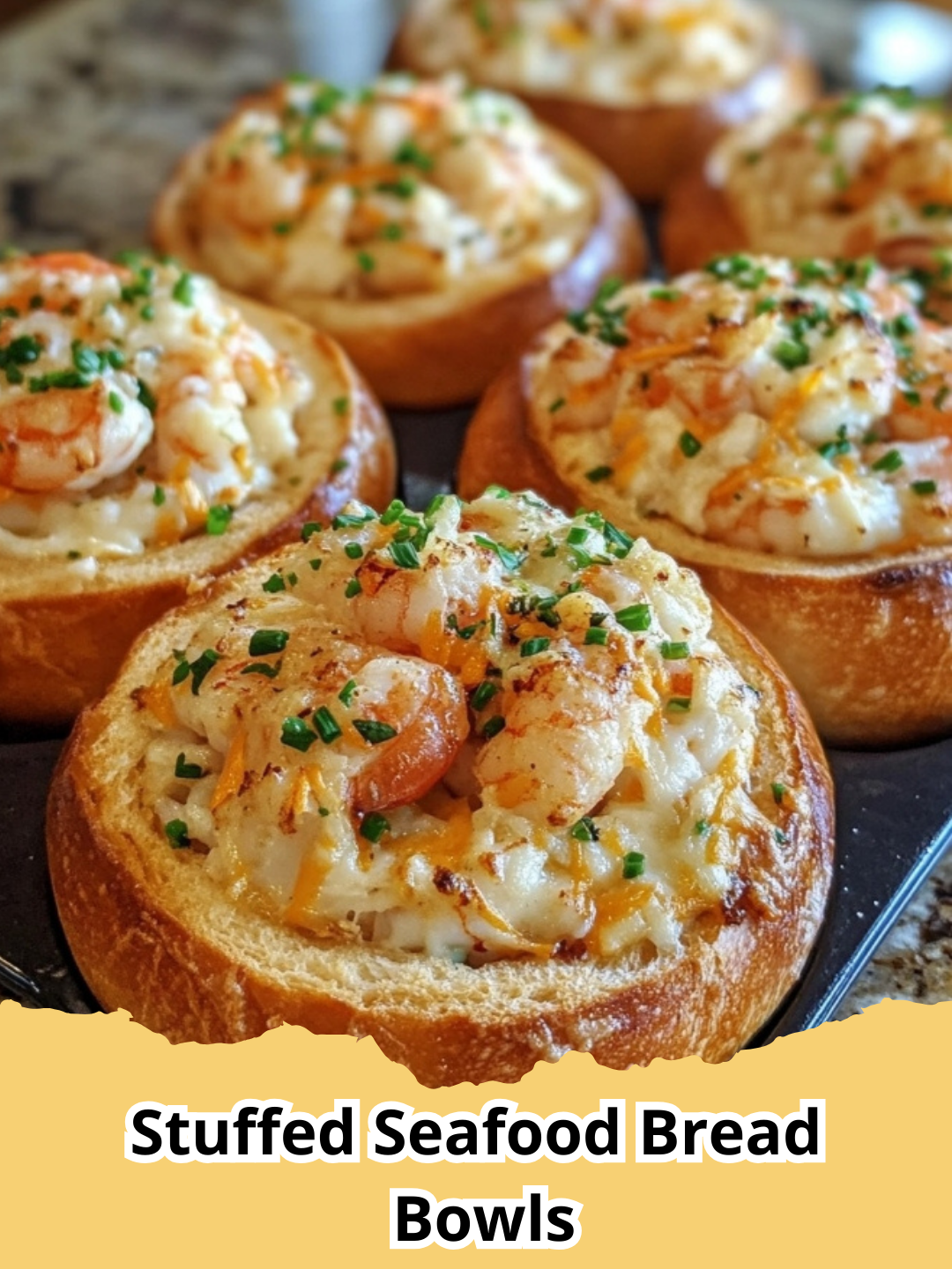 Golden brown Stuffed Seafood Bread Bowls garnished with fresh parsley, ready to serve