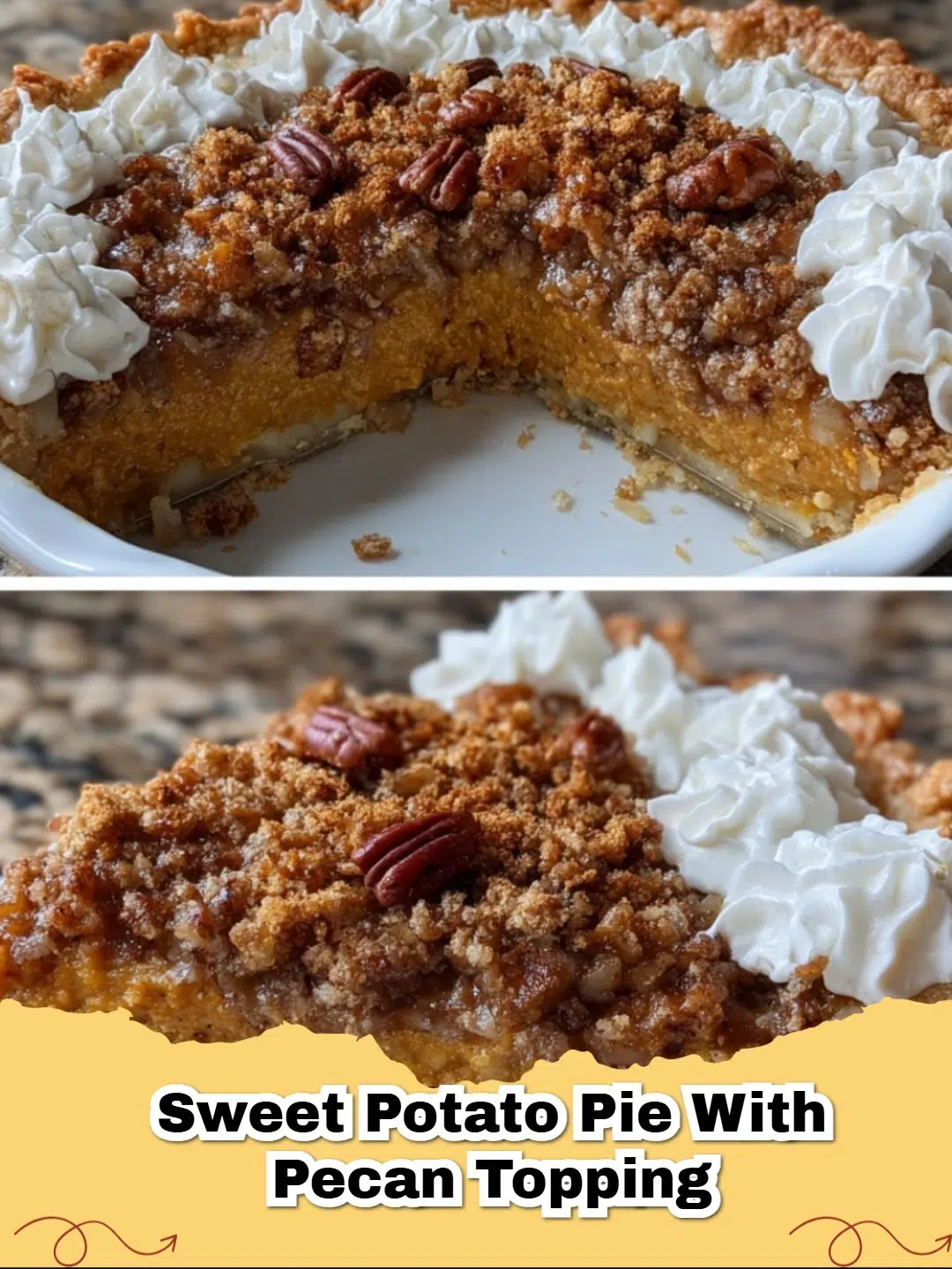 A golden-brown Sweet Potato Pie with a crunchy Pecan Topping, sliced and ready to serve.