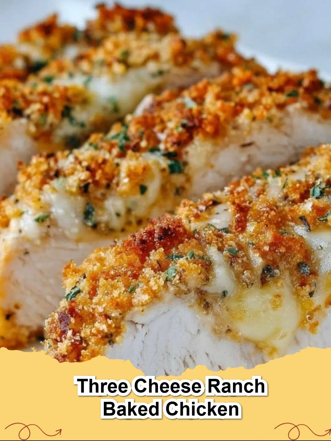 Crispy Three Cheese Ranch Baked Chicken in a baking dish, golden brown and ready to serve