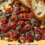 Three-Cheese Tomato Bruschetta Dip bubbling in a baking dish, served with toasted baguette slices