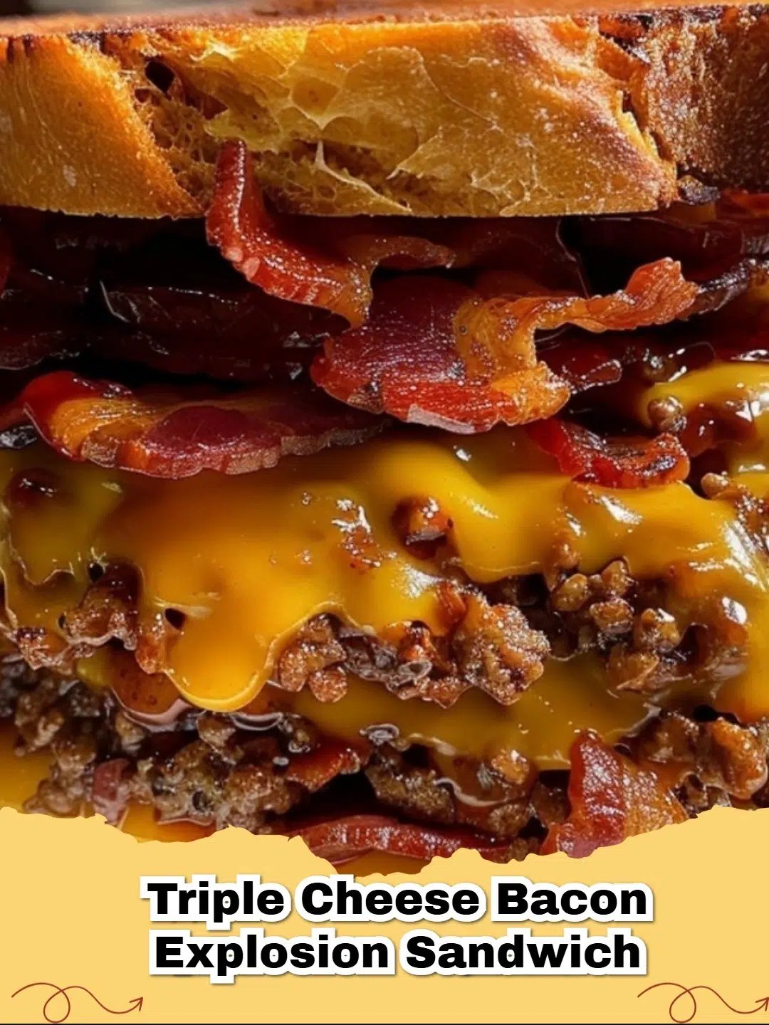 A close-up of a perfectly grilled Triple Cheese Bacon Explosion Sandwich, showing melted cheese and crispy bacon oozing out.