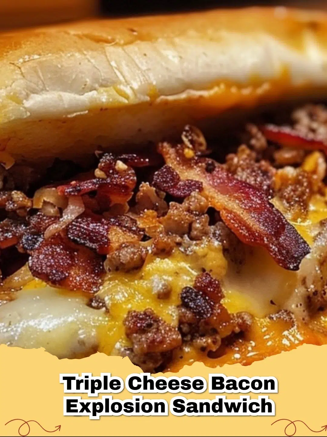 A perfectly grilled Triple Cheese Bacon Explosion Sandwich with melted cheese oozing out and crispy bacon visible, on a wooden board.