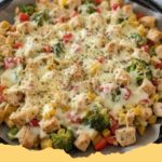 Creamy high-protein chicken with broccoli and bell peppers in a single pan