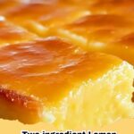 Delicious golden brown 2-ingredient cake mix lemon bars dusted with powdered sugar, cut into squares in a baking dish.