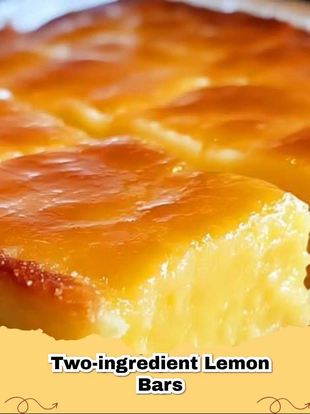 Delicious golden brown 2-ingredient cake mix lemon bars dusted with powdered sugar, cut into squares in a baking dish.