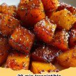 Irresistible brown sugar roasted butternut squash cubes on a baking sheet, golden and caramelized.
