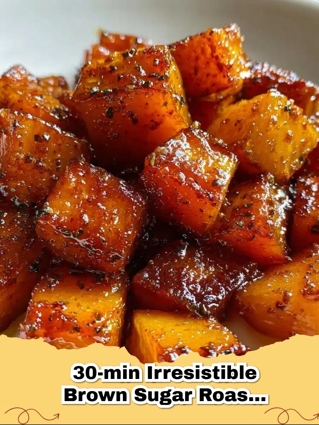 Irresistible brown sugar roasted butternut squash cubes on a baking sheet, golden and caramelized.