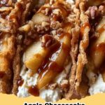 Golden brown Apple Cheesecake Tacos dusted with powdered sugar on a white plate with a side of caramel sauce