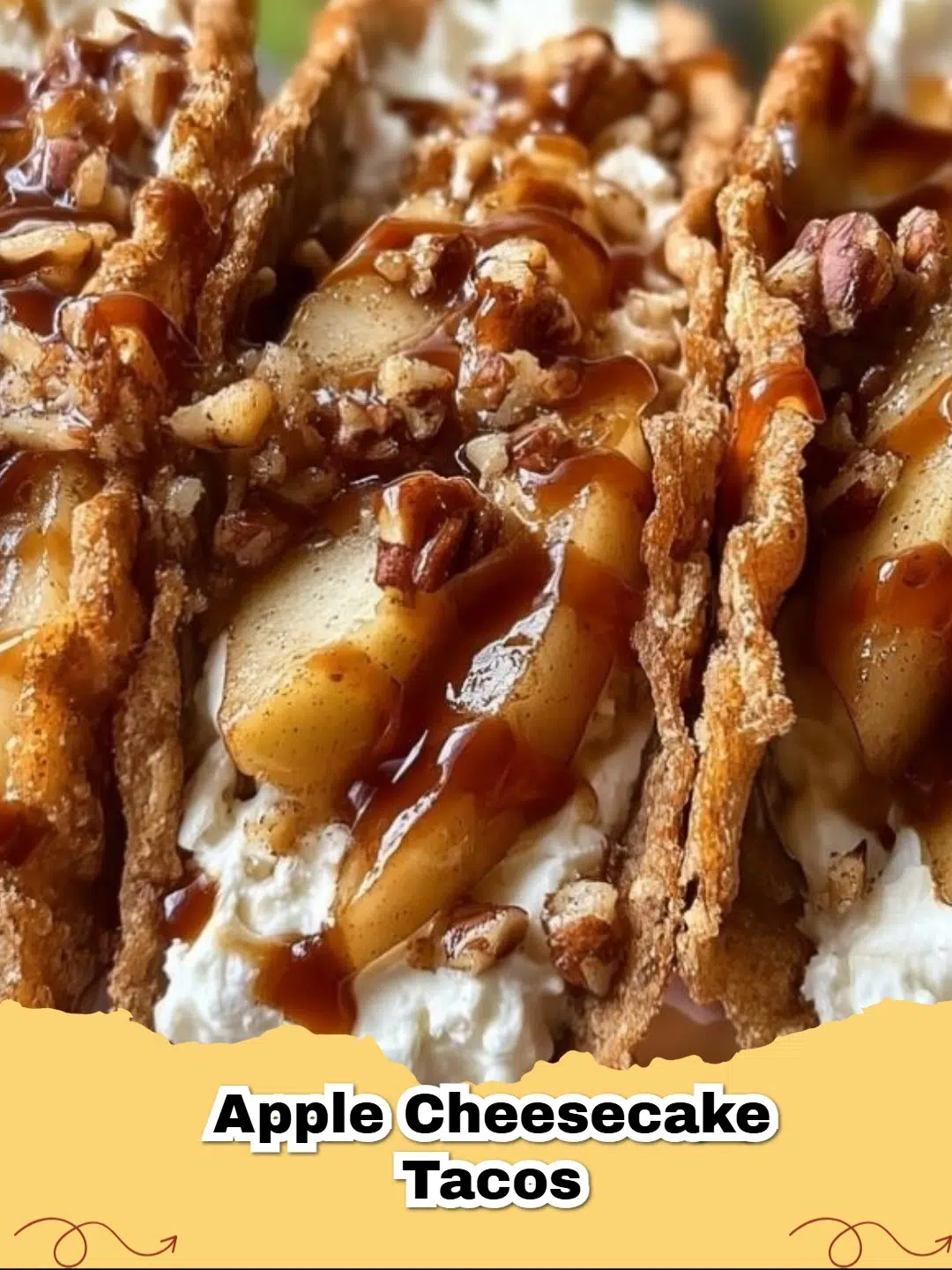 Golden brown Apple Cheesecake Tacos dusted with powdered sugar on a white plate with a side of caramel sauce