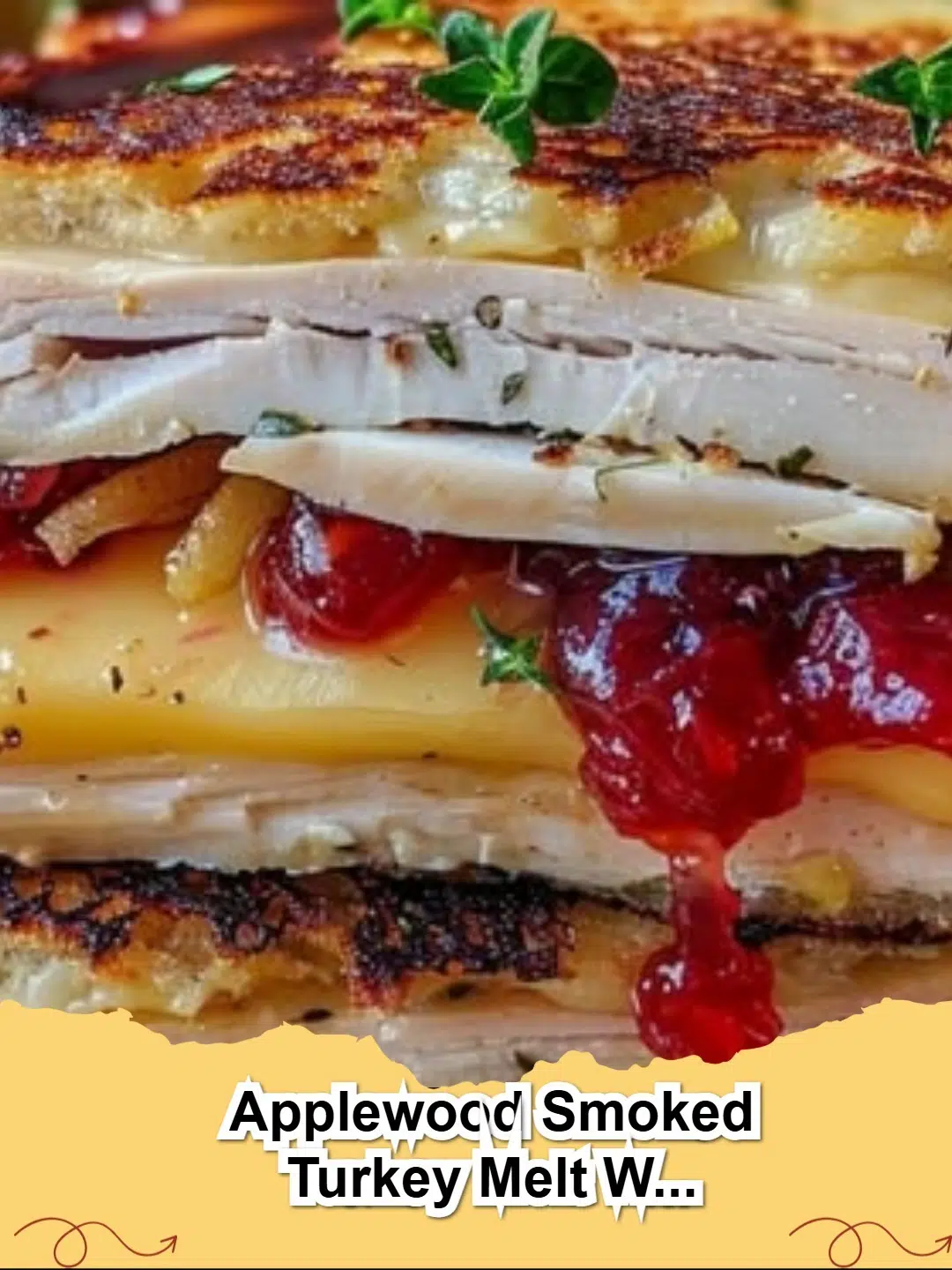 Delicious Applewood Smoked Turkey Melt with Cranberry Whiskey Glaze on toasted sourdough bread, melted cheese oozing out.