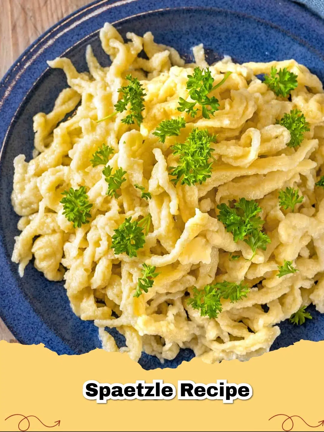 A bowl of golden homemade Spaetzle with fresh parsley garnish, ready to serve.