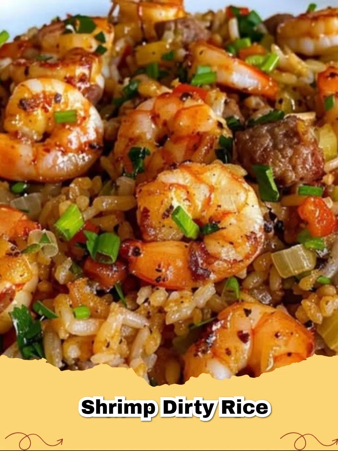 A steaming bowl of Authentic Shrimp Dirty Rice with sausage and beef, garnished with fresh green onions.