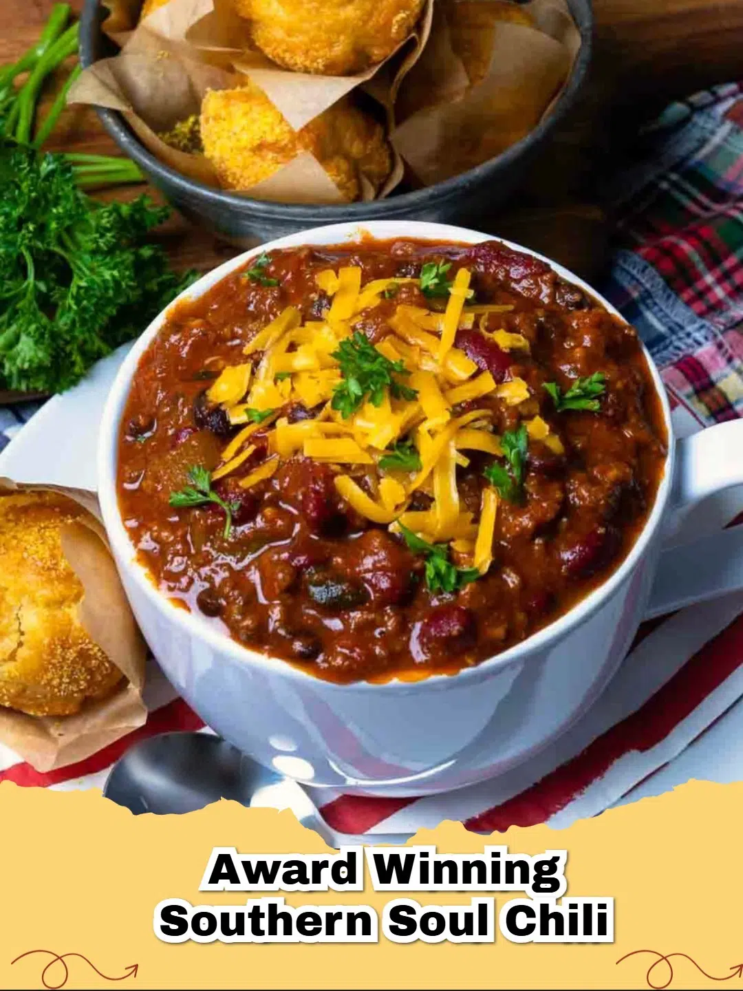 A steaming bowl of Award-Winning Southern Soul Chili with BBQ Sauce, garnished with sour cream and green onions.