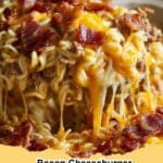 Delicious Bacon Cheeseburger Ramen Noodle Bake in a casserole dish, topped with melted cheese and crispy bacon.