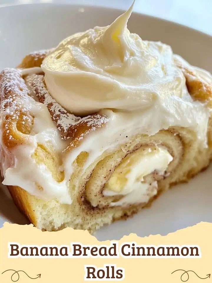 Delicious homemade banana bread cinnamon rolls with gooey cinnamon filling and a generous swirl of cream cheese frosting, ready to eat.