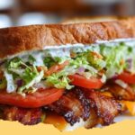 A delicious and stacked BBQ Bacon Ranch BLT sandwich, showcasing crispy bacon, fresh lettuce, juicy tomatoes, and creamy BBQ ranch sauce.