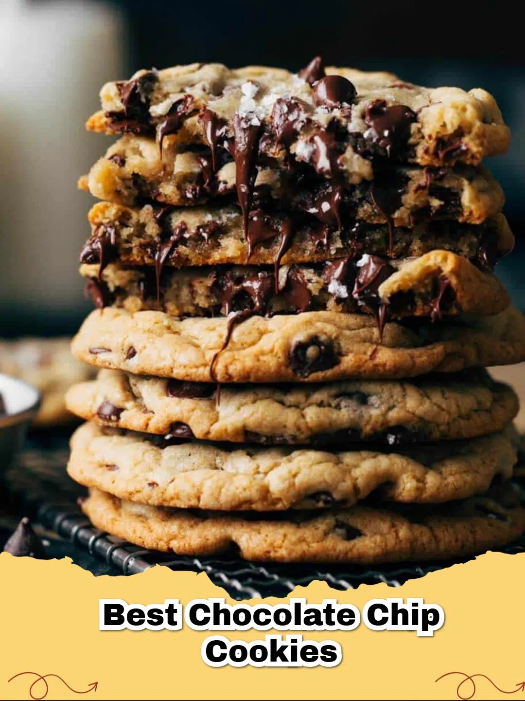 Plate of warm, gooey chocolate chip cookies with melty chocolate and a sprinkle of flaky sea salt