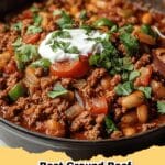 A steaming bowl of Best Ground Beef Stovetop Chili topped with cheese and sour cream