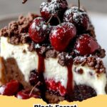 Delicious Black Forest Cheesecake with cherry topping and whipped cream on a cake stand.