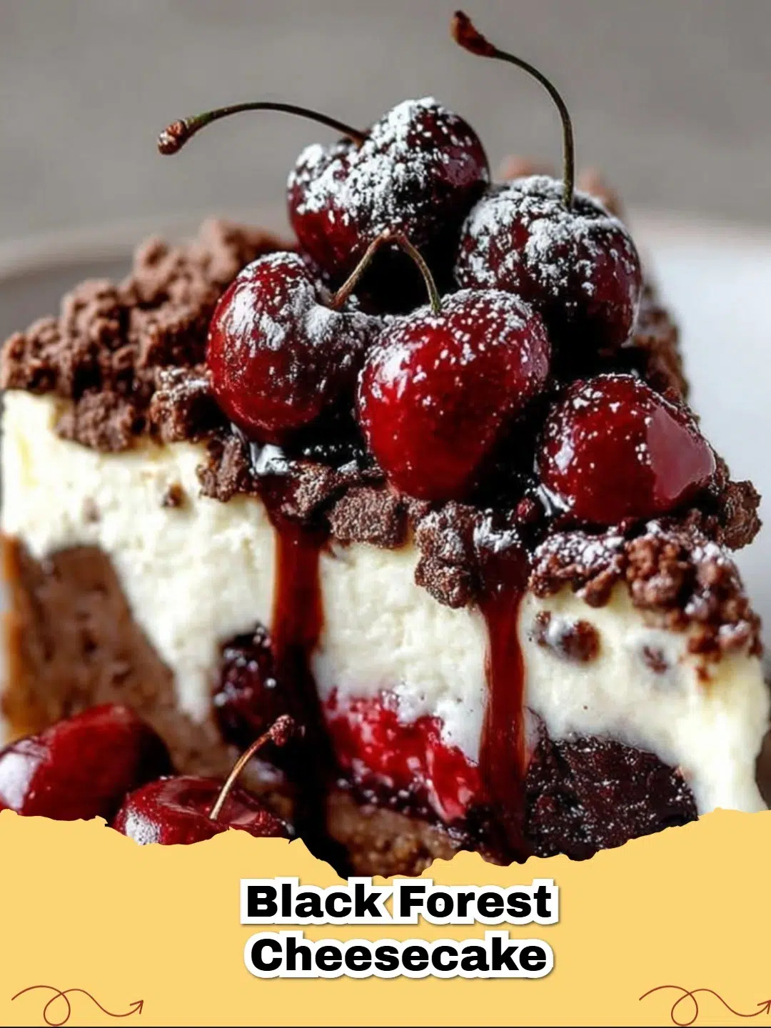 Delicious Black Forest Cheesecake with cherry topping and whipped cream on a cake stand.