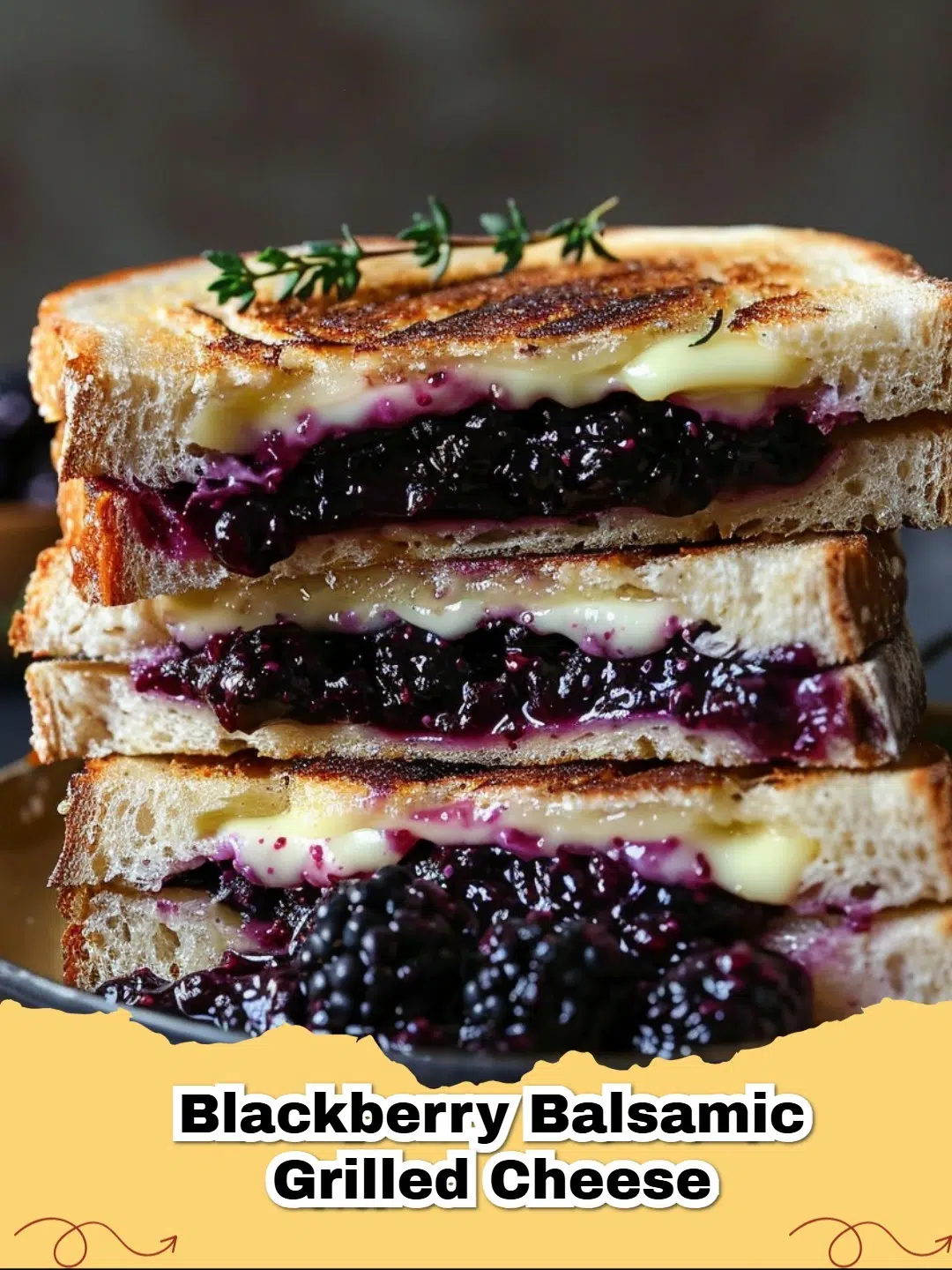 Gourmet Blackberry Balsamic Grilled Cheese sandwich, golden brown and oozing with melted cheese and purple reduction.