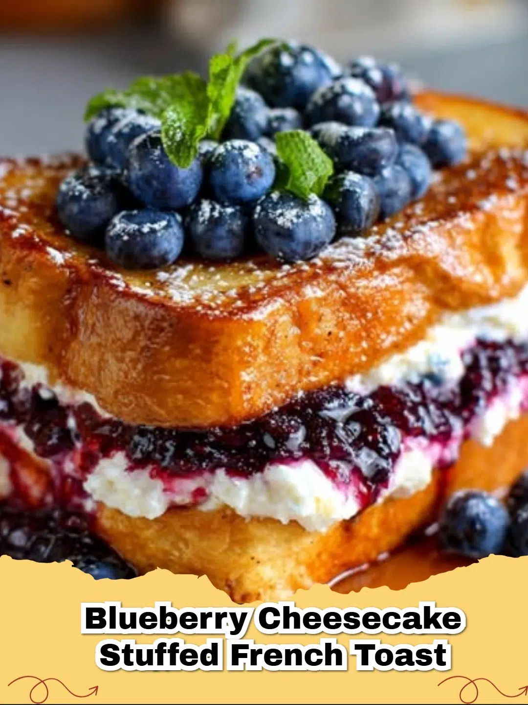 Golden brown Blueberry Cheesecake Stuffed French Toast drizzled with maple syrup and fresh blueberries.