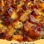 A close-up of a golden-brown Butternut Squash Apple Bake in a baking dish, garnished with fresh herbs, ready to be served.