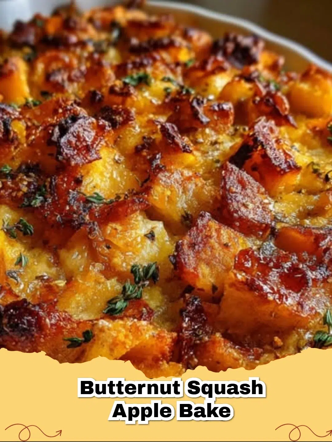 A close-up of a golden-brown Butternut Squash Apple Bake in a baking dish, garnished with fresh herbs, ready to be served.