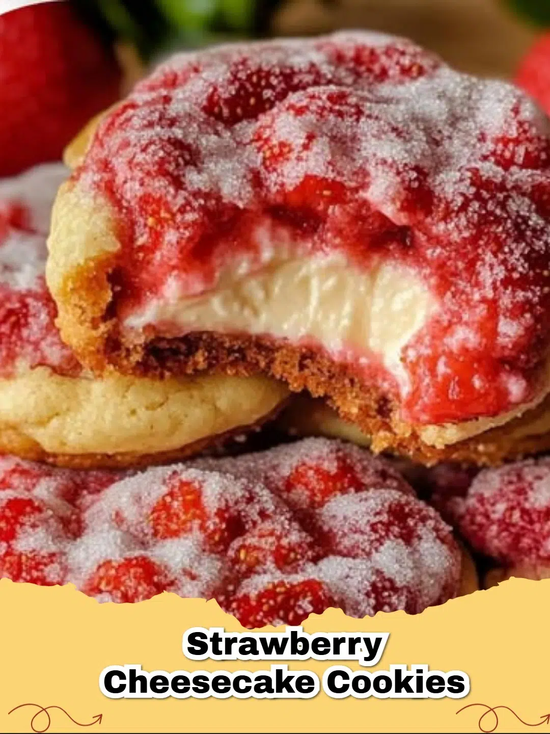 Delicious Cake Mix Strawberry Cheesecake Cookies on a cooling rack with fresh strawberries.