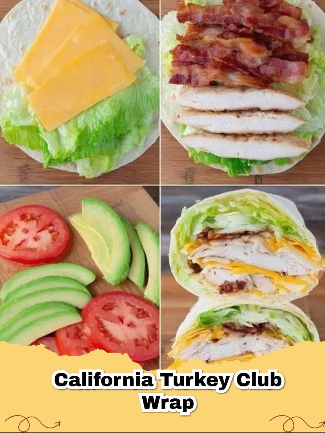 Delicious California Turkey Club Wrap, sliced in half, showing layers of turkey, bacon, avocado, and fresh vegetables
