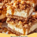 Decadent Caramel Apple Cheesecake Bars topped with streusel and a homemade caramel drizzle, ready to be served.
