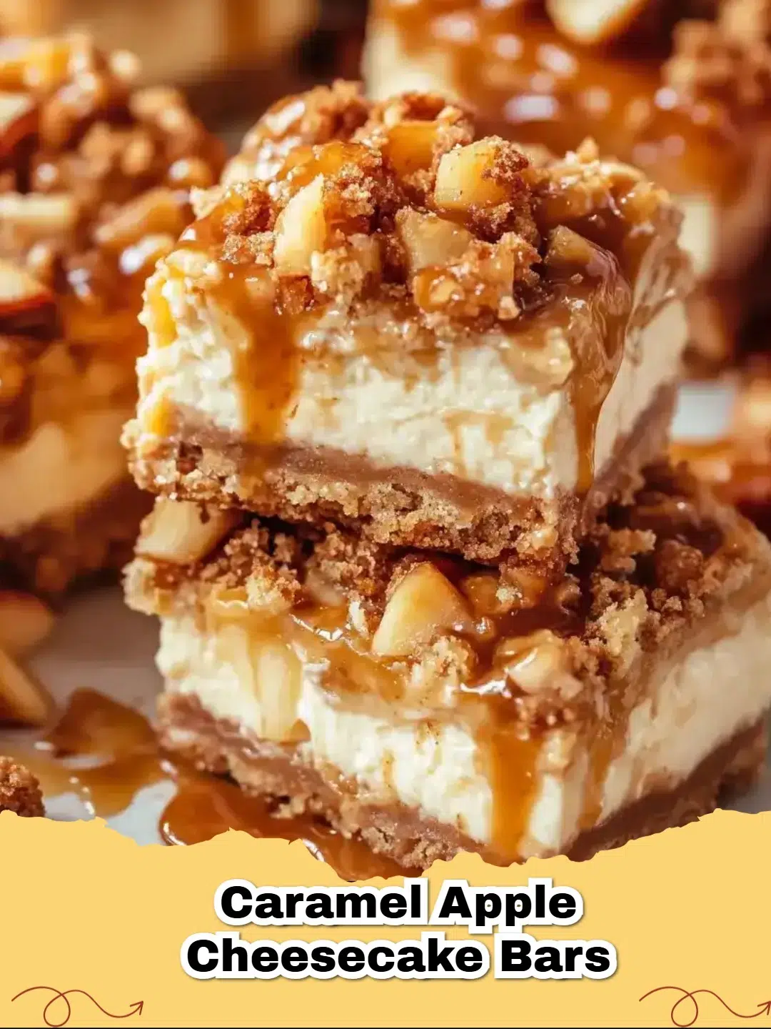 Decadent Caramel Apple Cheesecake Bars topped with streusel and a homemade caramel drizzle, ready to be served.