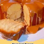 Decadent slice of Caramel Cream Cheese Pound Cake with a fork, showing off its moist crumb, creamy glaze, and rich caramel drizzle.