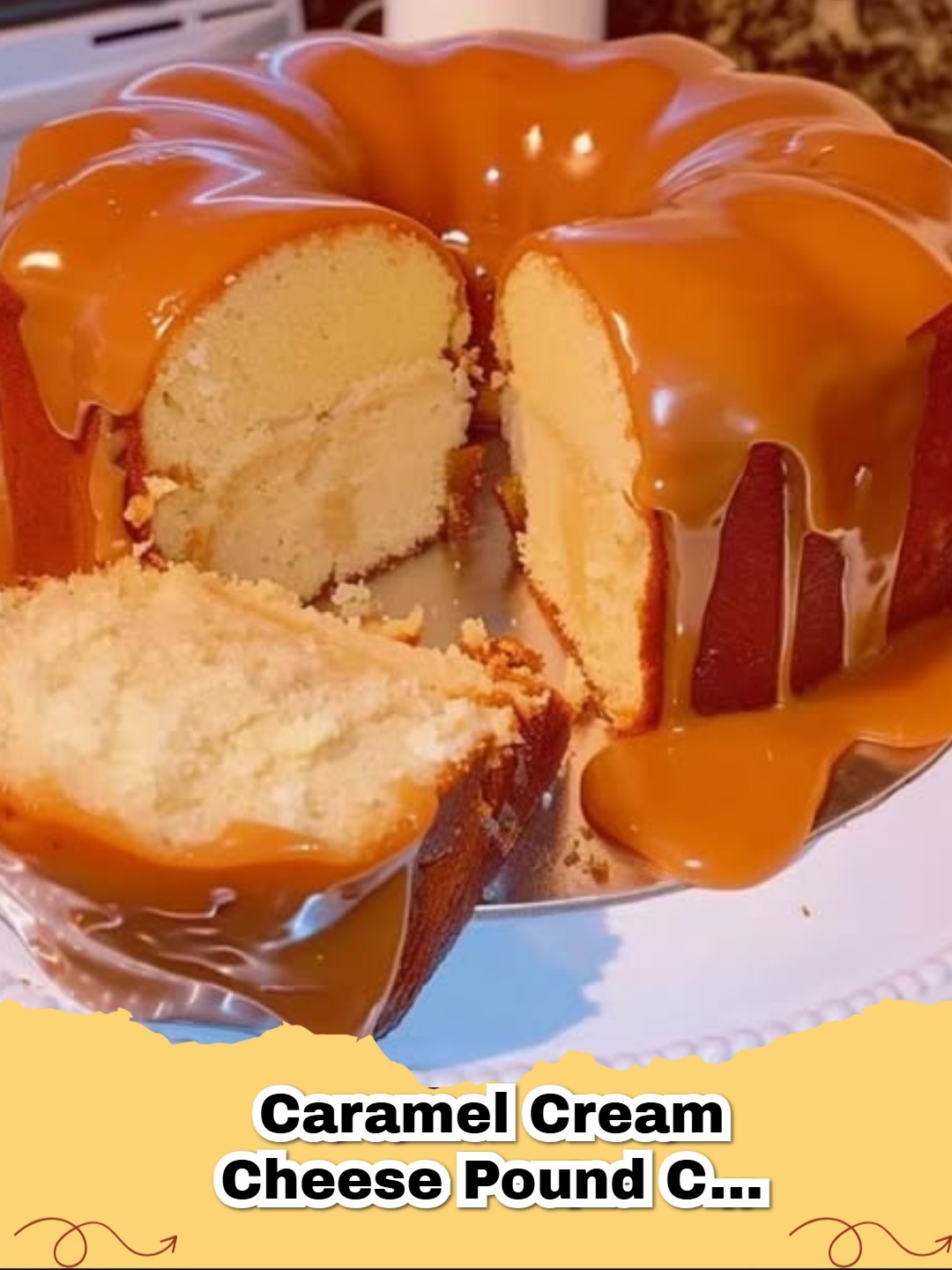 Decadent slice of Caramel Cream Cheese Pound Cake with a fork, showing off its moist crumb, creamy glaze, and rich caramel drizzle.