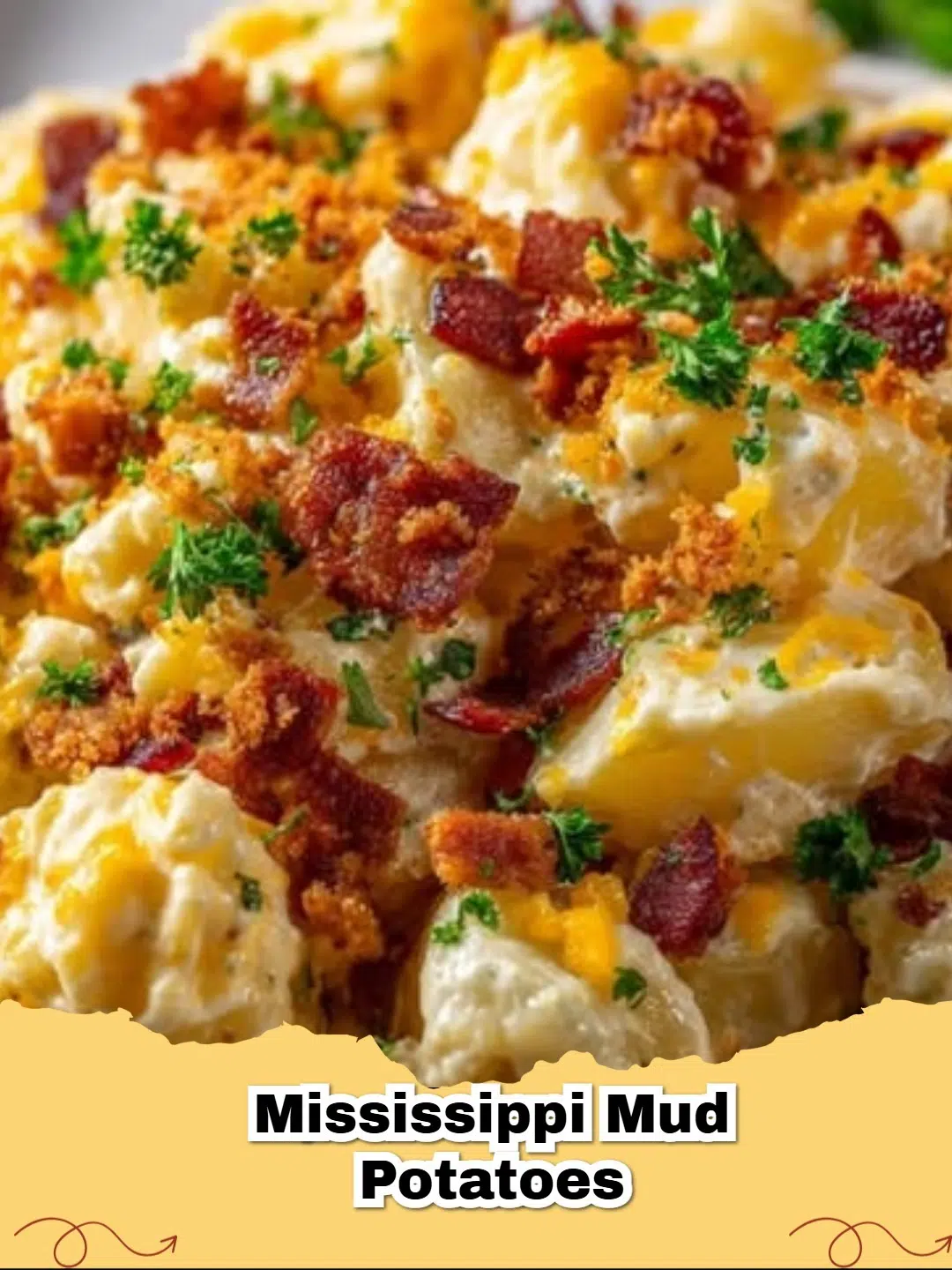 Cheesy Bacon Mississippi Mud Potato Casserole, a creamy and savory side dish baked to golden perfection.