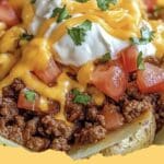 Close-up of a loaded cheesy ground beef taco potato with melted cheese and fresh toppings, ready to eat.