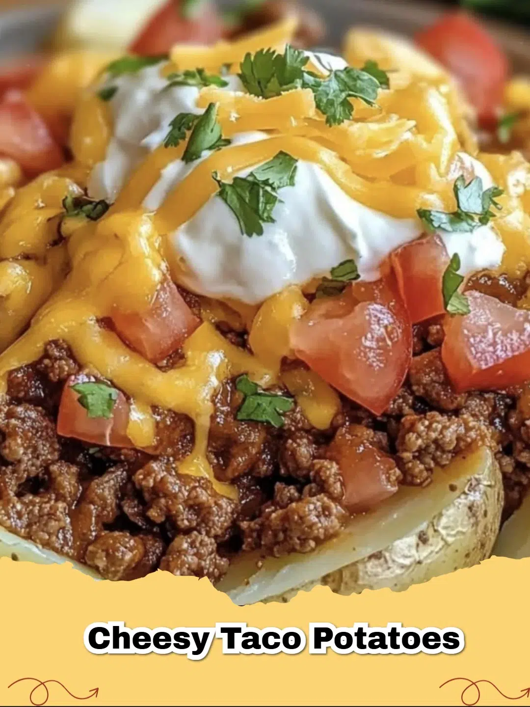 Close-up of a loaded cheesy ground beef taco potato with melted cheese and fresh toppings, ready to eat.