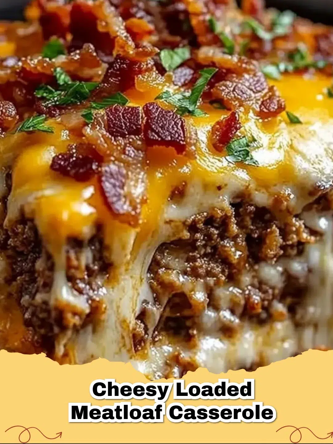 A deliciously baked cheesy loaded meatloaf casserole topped with golden brown mashed potatoes, ready to serve.