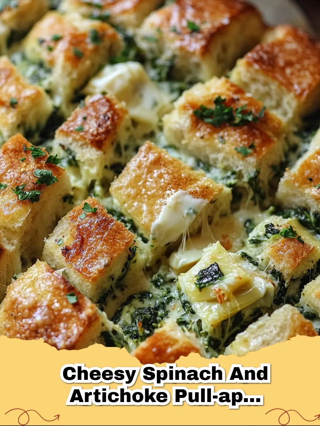 Delicious Cheesy Spinach and Artichoke Pull-Apart Sourdough Bread ready to serve on a wooden board.