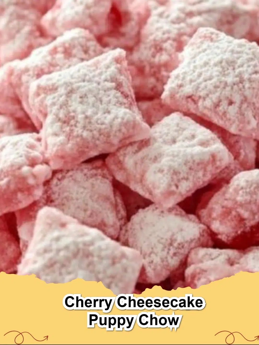 Delicious Cherry Cheesecake Puppy Chow in a bowl with a spoon, ready to eat.