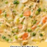 A steaming bowl of creamy Chicken Pot Pie Soup topped with fresh herbs and a side of crusty bread, featuring the delicious Chicken Pot Pie Soup Recipe.