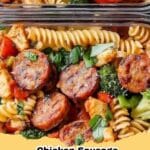 Close-up of vibrant Chicken Sausage Pasta Meal Prep Bowls with colorful vegetables and rotini pasta
