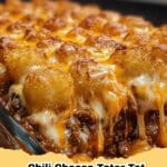 A piping hot Chili Cheese Tater Tot Casserole baked to golden perfection with melted cheese and crispy tots.